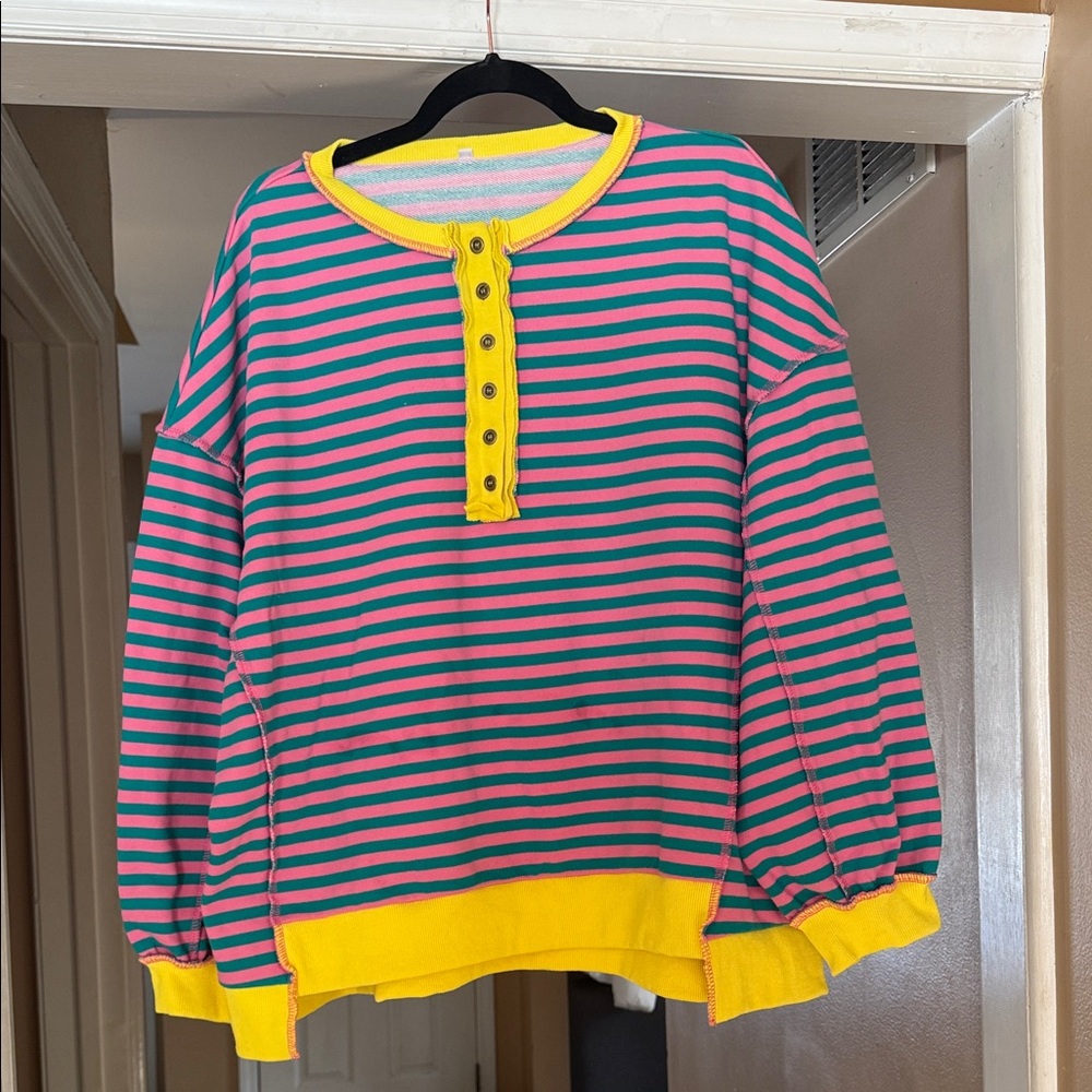 Striped Pink and Green Long Sleeve Top with Yellow Accents